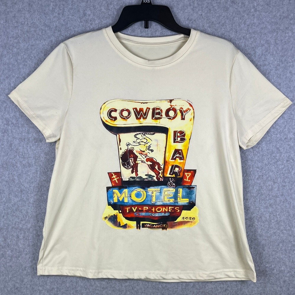 Cowboy Bar & Motel Graphic Shirt Womens L Cream Western Retro Vintage Style Boho